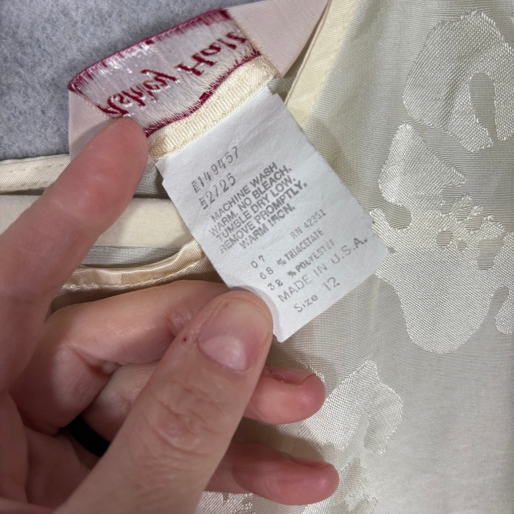 Vintage 90s Satin Floral Blouse Size 12 Cream Jacquard Pintuck Feminine Neutral - Picture 5 of 9